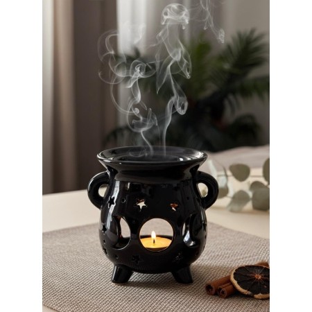 Quemador de Aceite Caldero Triple Luna – Negro Cerámica