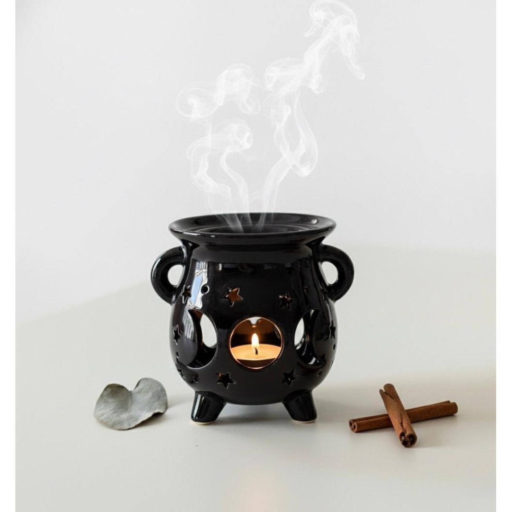 Quemador de Aceite Caldero Triple Luna – Negro Cerámica