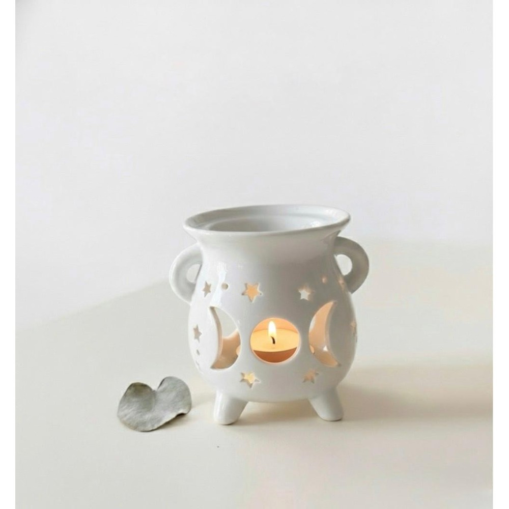 Quemador de Aceite Caldero Triple Luna – Blanco Cerámica