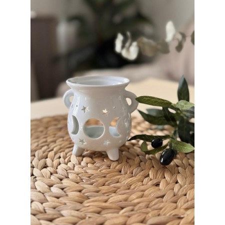 Quemador de Aceite Caldero Triple Luna – Blanco Cerámica