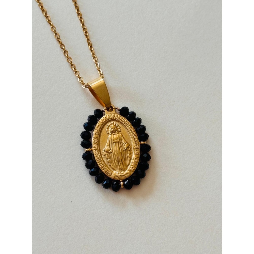Medalla Milagrosa estilo Vintage con perlitas Negras