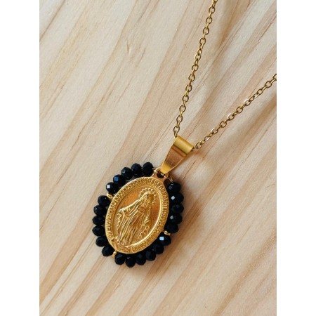 Medalla Milagrosa estilo Vintage con perlitas Negras