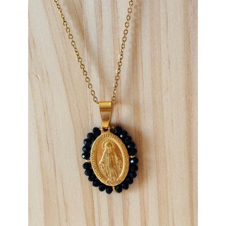 Medalla Milagrosa estilo Vintage con perlitas Negras