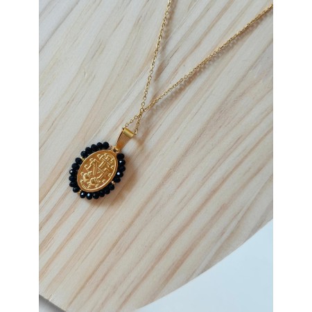 Medalla Milagrosa estilo Vintage con perlitas Negras