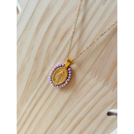 Medalla Milagrosa estilo Vintage con perlitas Purpura